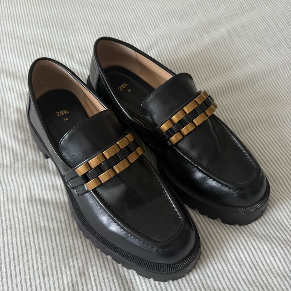 Zara Black Loafers with Gold Detailing